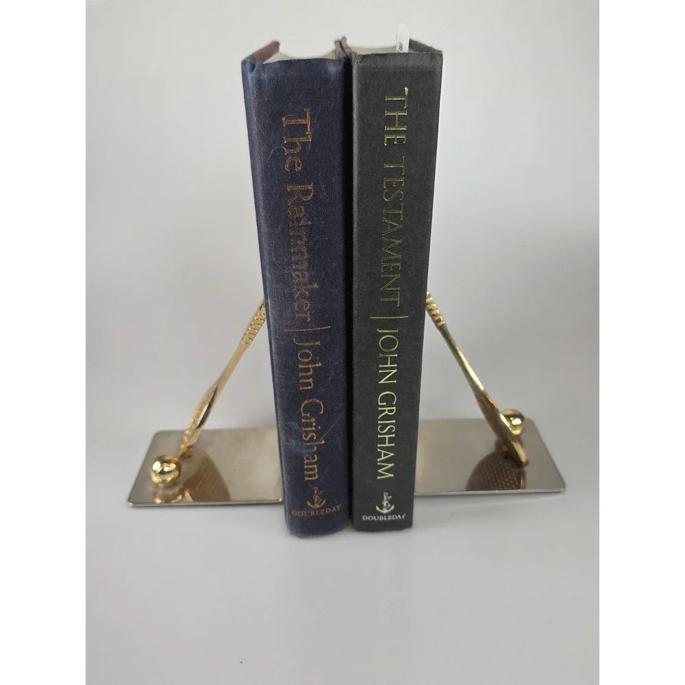 Pair Of Vintage Polished Brass and Chrome Tennis Racket Bookend Decor Figurine